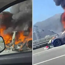 Tesla alev alev yandı: Sürücü son anda kurtuldu
